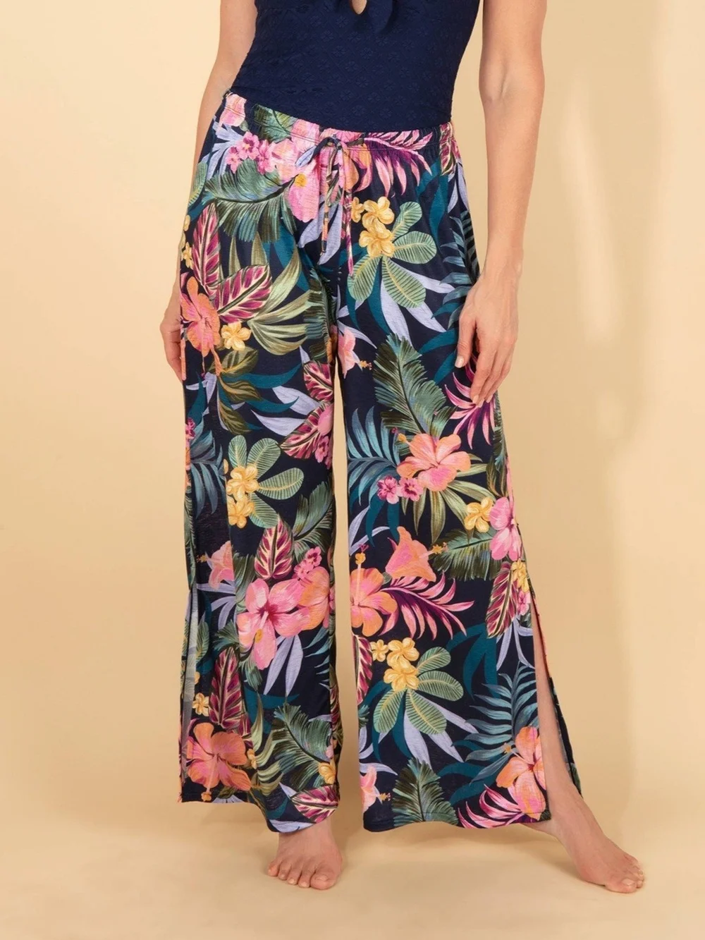 Lands' End Navy Tropical Floral Swim Cover Up Pants Side Slit Wide Leg Medium